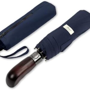 Balios Travel Folding Umbrella with Real Wood Handle Auto Open Close Vented Windproof Canopy - Designed in UK