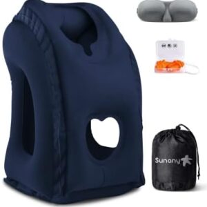 Sunany Travel Pillow, Inflatable Neck Pillow Used for Airplanes/Cars/Buses/Trains/Office Napping with Eye Mask/Earplugs (Blue)