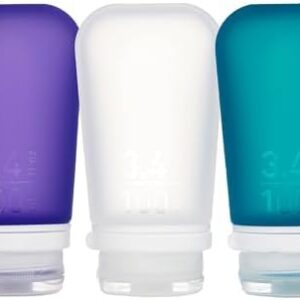 humangear GoToob+ 3-Pack (Large) | Refillable Silicone Travel Bottle | Locking Lid | Food-Safe Material, Clear/Purple/Teal, Large (3.4 fl.oz.; 100ml)