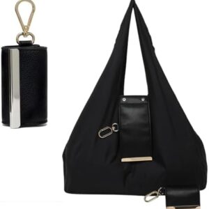 Keychain Tote Bag, Foldable Expandable Mini Tote with Key Ring, Vegan Leather Portable Handbag for Shopping Travel Daily Errands(Black)