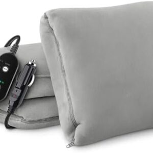 Sino Salected Car Heated Blanket, 12/24V Portable Heated Blanket for Car, Machine Washable Flannel Travel Blanket, 3 Heating Levels, 60x44 Inches, 4-in-1 Design, Convenient Storage for Camping,Grey