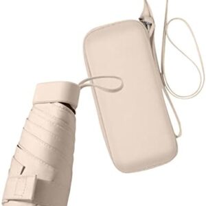 ESUFEIR Mini Travel Sun Umbrella for Purse With Case,Small Compact UV Umbrella Protection Sun,Lightweight Portable Parasol Windproof for Women Men Kids (Beige)