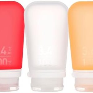 humangear GoToob+ 3-Pack (Large) | Refillable Silicone Travel Bottle | Locking Lid | Food-Safe Material, Clear/Red/Orange, Large (3.4 fl.oz.; 100ml)
