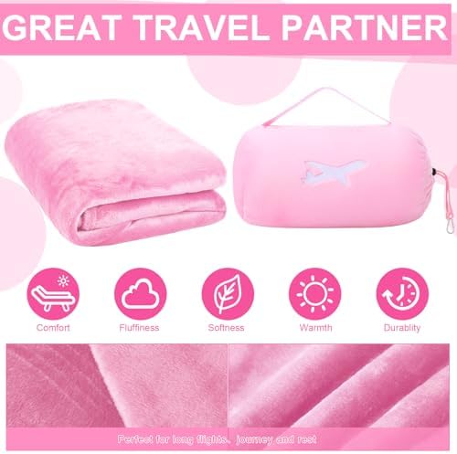 Peryiter 6 Sets Bulk Travel Blanket Pillows for Long Flight Sleeping 50 x 60 Inches Soft Flannel Packable Airplane Flight Blanket 2 in 1 Combo Warm Traveling Plane Essentials(Pink) - Image 3