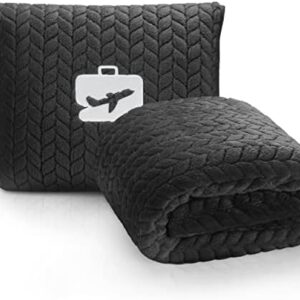 EverSnug Travel Blanket & Pillow 68x42 - Premium Ultra-Soft Microfleece 2 in 1 Compact & Packable Flight Blanket with Soft Bag Pillowcase, Hand Luggage Sleeve and Backpack Clip (Black)