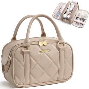 Travel Makeup Bag, Large Capacity Quilted Toiletry Bags for Women, Wide-open Cosmetic Bags Make Up Case Organizer Portable Pouch with Handle & Brush Holder for Traveling Accessories, Camel