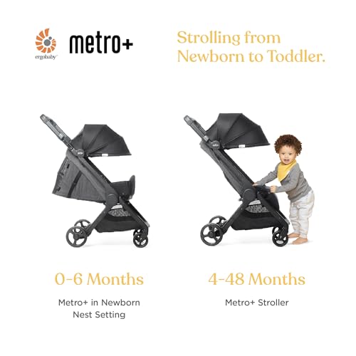Ergobaby Metro+ Compact Baby Stroller, Lightweight Umbrella Stroller Folds Down for Overhead Airplane Storage (Carries up to 50 lbs), Car Seat Compatible, Black - Image 2