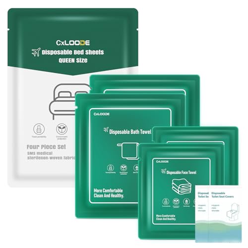 Hotel Essentials Disposable Bed Sheet for Travel, Queen Size Disposable Sheet with Bath Towel Face Towel Toilet Seat Cover, Disposable Hotel Sheet Travel Essentials for Cruise, Hotel, Camping, SPA