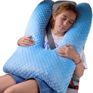 RUSHANPEACE Travel Pillow for Kids Adult, Pillow for Car Sleeping Ultra Large U-Shaped with Removable Soft Cover Support Fix Neck and Body Sitting/Sleeping on The Trip (Blue)