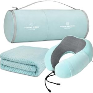 urnexttour Travel Pillow and Blanket Set Neck Pillow Airplane Memory Foam for Traveling Compact with Bag Blue Green