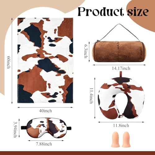 HunnmingRe 5 Pcs Travel Pillow and Blanket Set, 5 in 1 Travel Airplane Compact Includes 40 x 60 Inch Throw Blanket Eye Mask Neck Pillow Earplug and Bag Gifts for Travelers Women(Cow Print,Brown) - Image 2