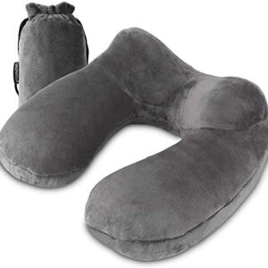 UROPHYLLA Inflatable Travel Pillow, Soft Velvet Inflatable Neck Pillow for Traveling, Airplanes, Train, Car, Office with Compact Bag, Breathable Washable Cover, Suit for Adults Sleeping - Grey