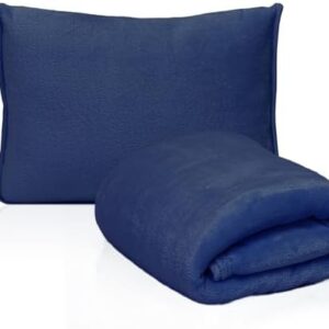 DTXIAQIAO 2-in-1 Convertible Travel Blanket & Pillow-Ultra Soft, Compact & Packable with Hand Luggage Sleeve and Backpack Clip for Flight & Car,Navy Blue
