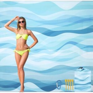 Beach Blanket Waterproof Sandproof Beach Mat for 1-8 Adults Quick Drying Durable Outdoor Picnic Mat for Beach Festival Travel Camping Hiking (Ocean Wave-Multi Blue, 79"×83"(4 Person))