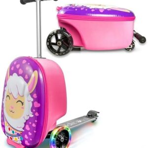 KIDDIETOTES Ride-On Scooter Suitcase for Kids – Hardside Lightweight Carry-On Luggage with Foldable Scooter, LED Wheels, Travel Fun for Toddlers & Children