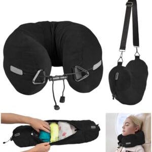 DreamShore Travel Pillow for Extra Luggage:Stuffable Neck Pillow with Adjustable Neck Size|Fits 3+ Days of Travel Essentials|Transformable Carry-On Solution|Soft Velvet Cover|No Filler(Black)