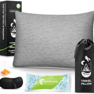 CushyOasis All-in-1 Camping Pillow Set - Shredded Memory Foam Small Travel Neck Pillow for Sleeping with Eye Mask, Earplugs & Washable Cover, Compact for Backpacking, Hiking, Airplane, Car, S Size