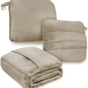 DEZ FURNISHINGS 4-in-1 Travel Compact Blanket Pillow Super Soft Velvet with Luggage Sleeve and Backpack Clip, Tan, 60" x 45"