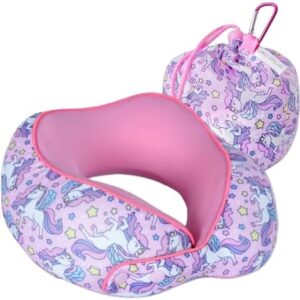 SKYTRAX® Certified Kids Safe Memory Foam Travel Neck Pillows for Kids and Toddlers, Cute Cartoon Design, Car Seat & Airplane Head Neck Support, Adjustable Snap Buttons, Washable Soft Cover (Unicorn)