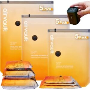 AirVault Vacuum Storage Bags for Travel & Home - Space Saver Compression Packing Bags Set for Clothes, Blankets & Seasonal Storage, Small (5), Medium (5), Large (5) (Orange,15-Pack Combo)