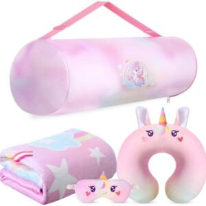 Gulfmew 4 Pcs Unicorn Travel Pillow and Blanket Set for Kids Airplane Blanket Memory Foam Neck Pillow Eye Mask Pink Storage Bag Kids Travel Gifts for Girl Airplane Car Trip Sleeping Home Use
