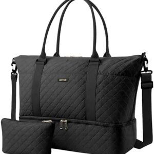 HOTOR Travel Duffel Bag - Weekender Bags for Women, Gym Tote Bags with Shoe Compartment, Carry On Overnight Bag with Toiletry Bag for Travel Essentials and Travel Accessories, Black, 13.4"×17.3"×7.9"