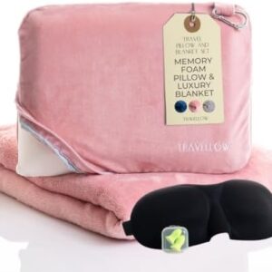 Travellow Travel Pillow and Blanket Set - 4-in-1 Ultimate Travel Kit with Memory Foam Pillow, Travel Blanket, Sleep Mask, and Earplugs-Ultimate Comfort and Coziness for Your Journeys - Pink