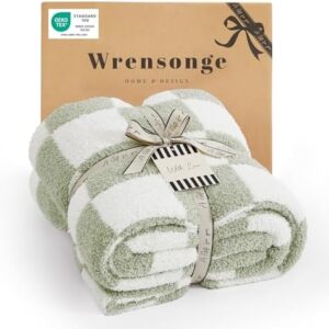 WRENSONGE Checkered Throw Blanket, Sage Green Soft Cozy Fluffy Hand Made Throw Blankets for Couch, Sofa, Chair, Bed, Camping, Picnic, Travel Lightweight Bed Blankets for Women Mothers Birthday Gifts