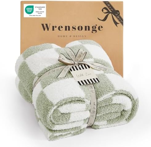 WRENSONGE Checkered Throw Blanket, Sage Green Soft Cozy Fluffy Hand Made Throw Blankets for Couch, Sofa, Chair, Bed, Camping, Picnic, Travel Lightweight Bed Blankets for Women Mothers Birthday Gifts