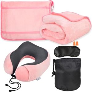 Travel Blanket and Pillow Set - Travel Neck Pillow & Blanket for Airplane, Thick Fleece Blankets Campact with Bag, Memory Foam Neck Pillows, Sleep Mask, Earplugs for Plane Traveling Essentials, Pink