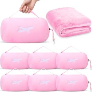 Peryiter 6 Sets Bulk Travel Blanket Pillows for Long Flight Sleeping 50 x 60 Inches Soft Flannel Packable Airplane Flight Blanket 2 in 1 Combo Warm Traveling Plane Essentials(Pink)