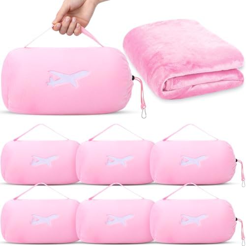 Peryiter 6 Sets Bulk Travel Blanket Pillows for Long Flight Sleeping 50 x 60 Inches Soft Flannel Packable Airplane Flight Blanket 2 in 1 Combo Warm Traveling Plane Essentials(Pink)