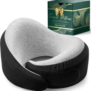 Proglobe Luxe Memory Foam Travel Neck Pillow for Airplanes, Ergonomic 360° Support with Soft Chin Support, Organic Cotton Cover, Compact Compression Bag, Charcoal Black