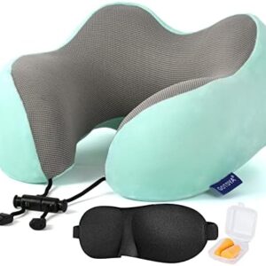 Travel Pillow,Travel Neck Pillows for Sleeping,100% Pure Memory Foam Soft Comfort & Support Pillow for Airplane/Car/Office&Home Rest Use-Blue Green
