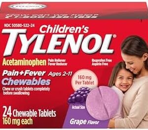 Children's Tylenol Chewables with 160 mg Acetaminophen, Pain Reliever & Fever Reducer for Kids' Cold + Flu Symptoms, Headache, Sore Throat & Toothache, Aspirin-Free, Grape Flavor, 24 ct