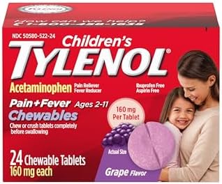 Children's Tylenol Chewables with 160 mg Acetaminophen, Pain Reliever & Fever Reducer for Kids' Cold + Flu Symptoms, Headache, Sore Throat & Toothache, Aspirin-Free, Grape Flavor, 24 ct