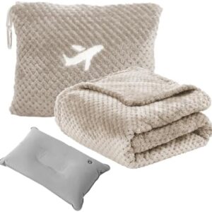 Travel Blanket Airplane Compact with Bag, Travel Essentials 3 in 1 Packable Airplane Blanket, Travel Pillow and Blanket Set, Inflatable Pillow, Luggage Sleeve & Backpack Clip (Camel)
