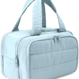 Travel Toiletry Bag for Women, Large Wide-open Puffy Cosmetic Makeup Bag with Wet-Dry Separation, Multi-Pocket Organizer with Carry Handle for Toiletries, Cosmetics, Essentials, Light Blue