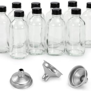 10 Pack, 4 oz Small Clear Glass Bottles w/Lids & 3 Stainless Steel Funnel - 120ml Boston Round Sample Bottle for Potion, Juice, Ginger Shot, Wellness, Oils, Whiskey, Liquids - Leakproof Travel Bottle