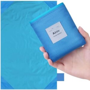 Ainiv Picnic Blanket, Mini Pocket Beach Mat 43.3 x 55.1IN (2-3 People) Foldable, Lightweight Waterproof Sand Free, Foldable Thin Ground Sheet for Outdoor Camping Hiking Travel - with Hand Strap
