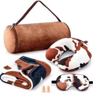 HunnmingRe 5 Pcs Travel Pillow and Blanket Set, 5 in 1 Travel Airplane Compact Includes 40 x 60 Inch Throw Blanket Eye Mask Neck Pillow Earplug and Bag Gifts for Travelers Women(Cow Print,Brown)