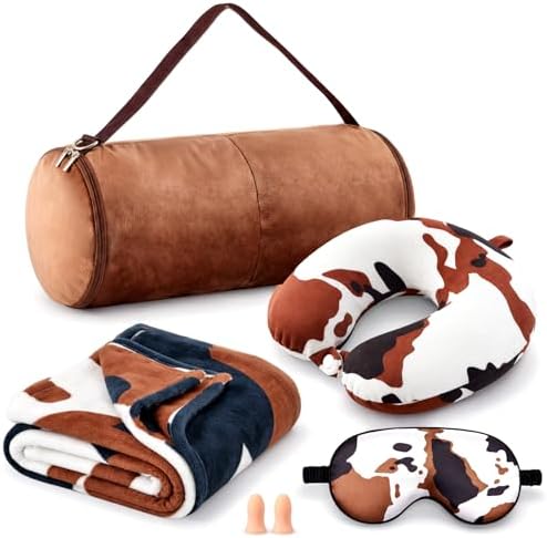 HunnmingRe 5 Pcs Travel Pillow and Blanket Set, 5 in 1 Travel Airplane Compact Includes 40 x 60 Inch Throw Blanket Eye Mask Neck Pillow Earplug and Bag Gifts for Travelers Women(Cow Print,Brown)