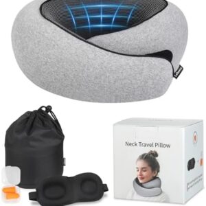 Lxbexca 100% Memory Foam Neck Travel Pillow, Neck Pillow Airplane with Eye Mask & Ear Plugs, Ergonomic Portable Design, 360° Support Stowable Pillows Best for Travel Pillow for Plane, Car, Home, Work