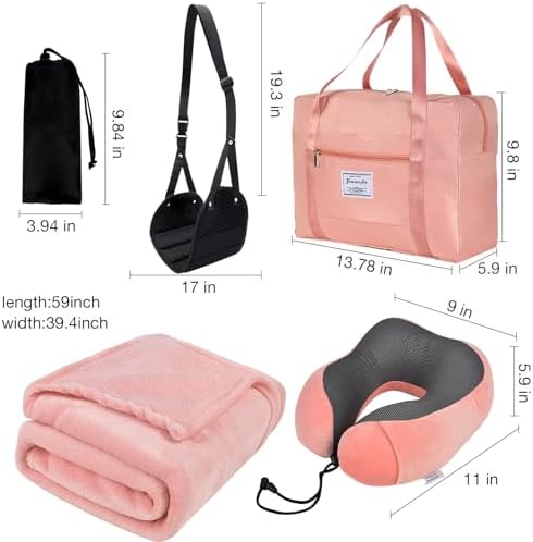 Travel Pillow and Blanket Set & Foot Rest, Memory Foam Neck Pillow Airplane Blanket & Airplane Foot Hammock & Foldable Duffel Bag, Eye Mask & Earplugs, Portable Travel Accessories Essentials, Pink - Image 2