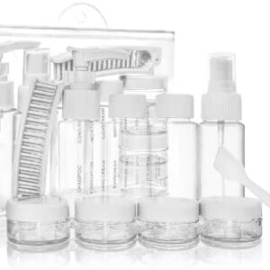Portable Travel Bottles Kit, Upgraded TSA Approved Leak Proof Toiletry Containers Set, Clear PET Flight Size Cosmetic Containers for Lotion, Shampoo, Cream, Soap, Set of 12, White