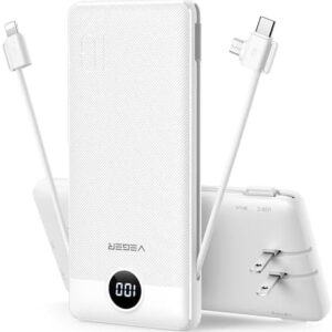 VEGER Portable Charger for iPhone Built in Cables and Wall Plug, 10000mah Slim Fast Charging USB C Power Bank, Travel Essential Battery Pack Compatible with iPhones, iPad, Samsung More Devices(White)