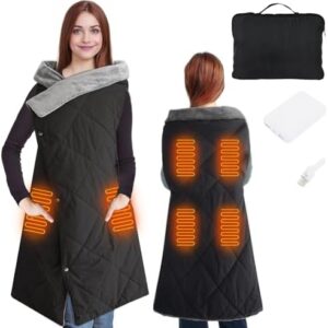 Outdoor Heated Blanket with 10000mAh Power Bank, Battery Operated Cordless Electric Heating Throw with 3 Heat Settings, Fast Heating Wearable USB Throw for Camping, Travel, Office & Home Use Black