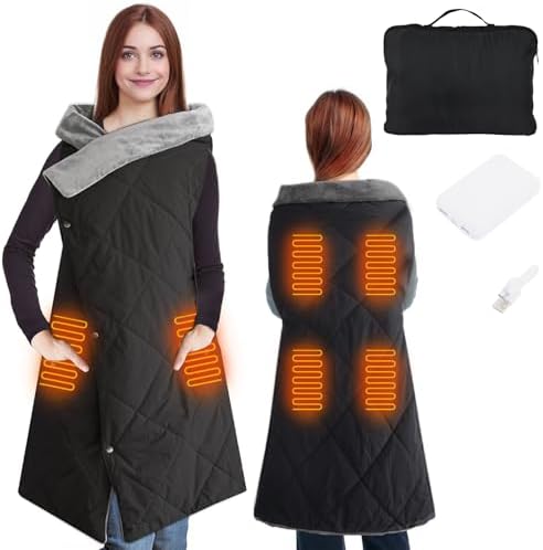 Outdoor Heated Blanket with 10000mAh Power Bank, Battery Operated Cordless Electric Heating Throw with 3 Heat Settings, Fast Heating Wearable USB Throw for Camping, Travel, Office & Home Use Black