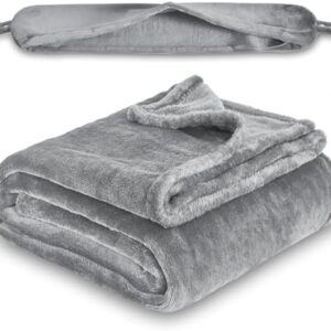 2 in 1 Travel Blanket, Soft Warm Blanket with Cozy Neck Pillow Case, Portable Blanket Set for Airplane, Camping, Car (Grey)