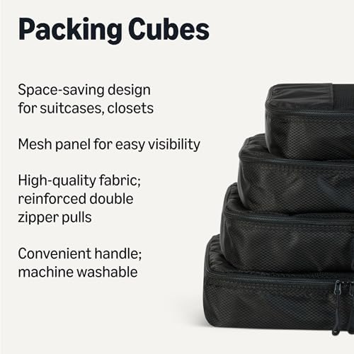 Amazon Essentials 4-Piece Packing Cubes Travel Accessories Set, Luggage Organizer with Double Zipper, Mesh Top, 100% Polyester, Medium, Black (Previously Amazon Basics) - Image 2